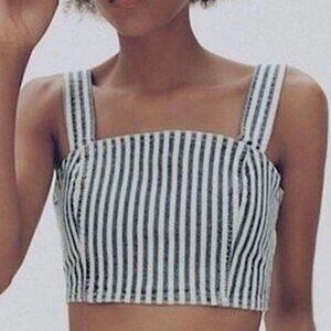 Zara Women's Denim Crop Top White Blue Striped Side Zip Bustier Tank Size Small
